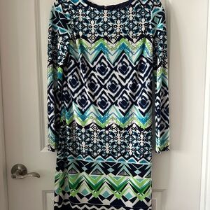 Vince Camuto Blue and Green Geometric Long Sleeve Dress